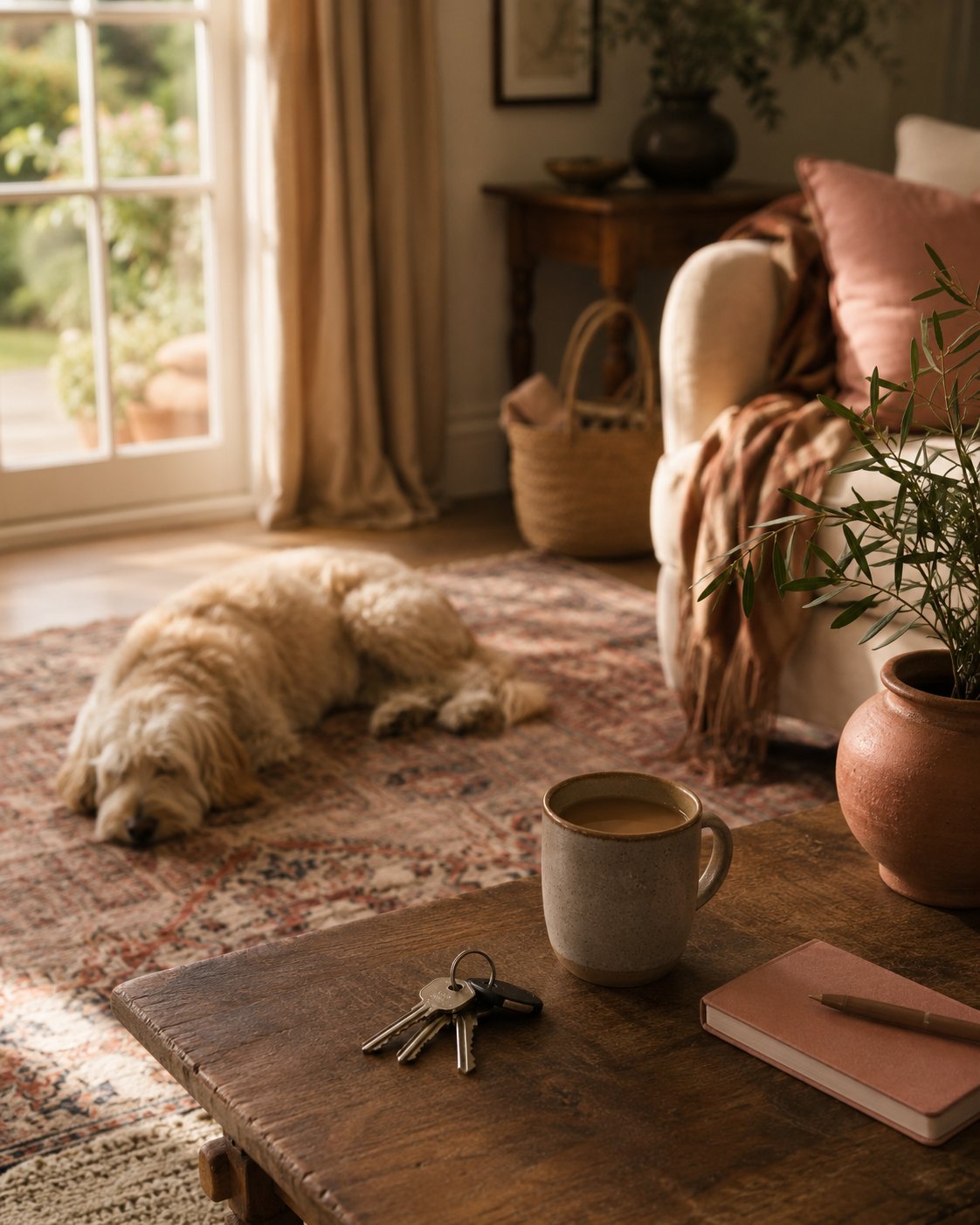 A dog resting on the rug in a warm Guildford sitting room, with keys and a coffee on the table, cared for across the Surrey Hills