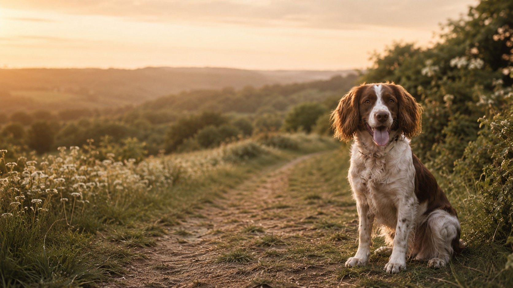 A happy dog on a countryside footpath in the Surrey Hills at golden hour, rolling wooded hills and warm hazy sky beyond